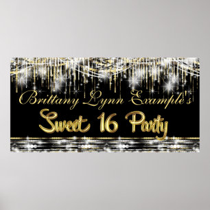 Poster Black and Gold Glam Sweet 16 Party Bannière