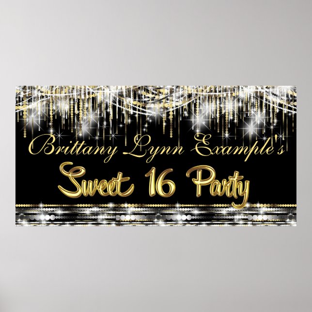 Poster Black and Gold Glam Sweet 16 Party Bannière (Devant)