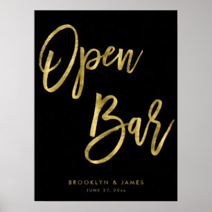 Poster Black And Gold Open Bar Sign 18x24