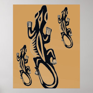 Poster Black and Orange tribal style lizard