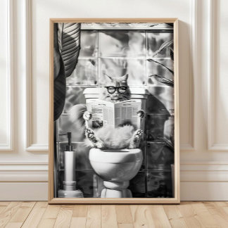 Poster Black and White Bathroom Cat Print, Funny Posters,
