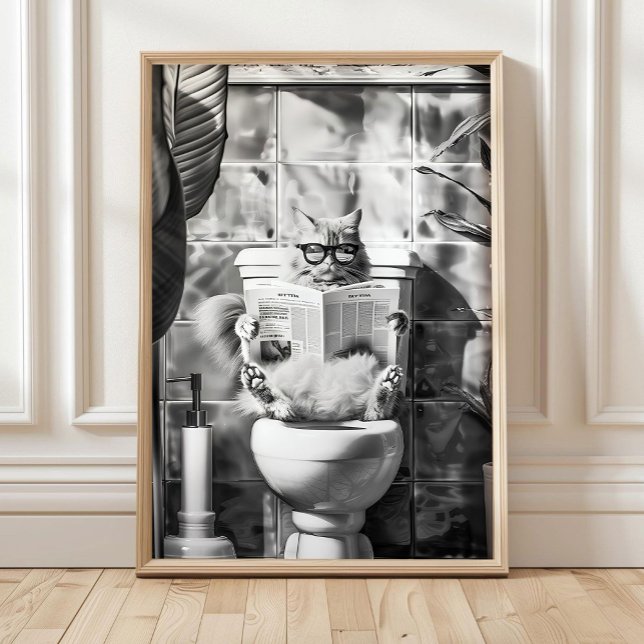 Poster Black and White Bathroom Cat Print, Funny Posters, (Créateur téléchargé)