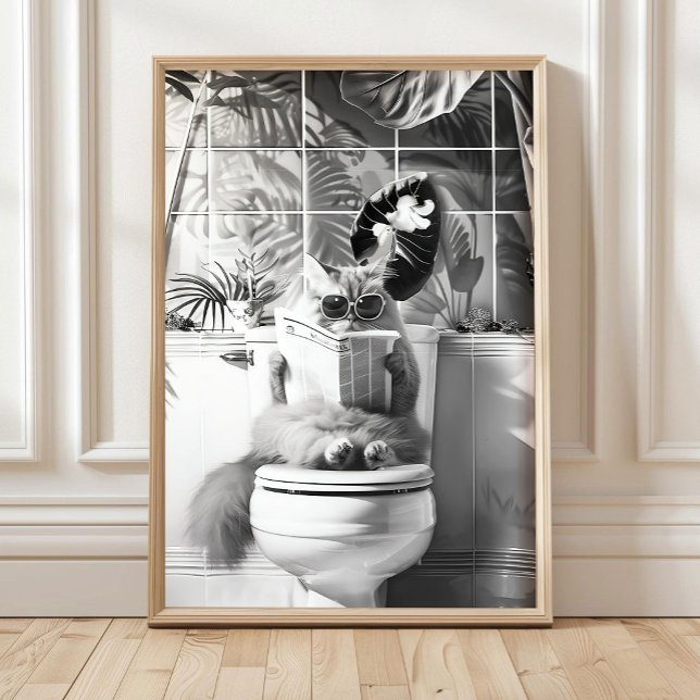 Poster Black and White Bathroom Cat Print, Funny Posters, (Créateur téléchargé)
