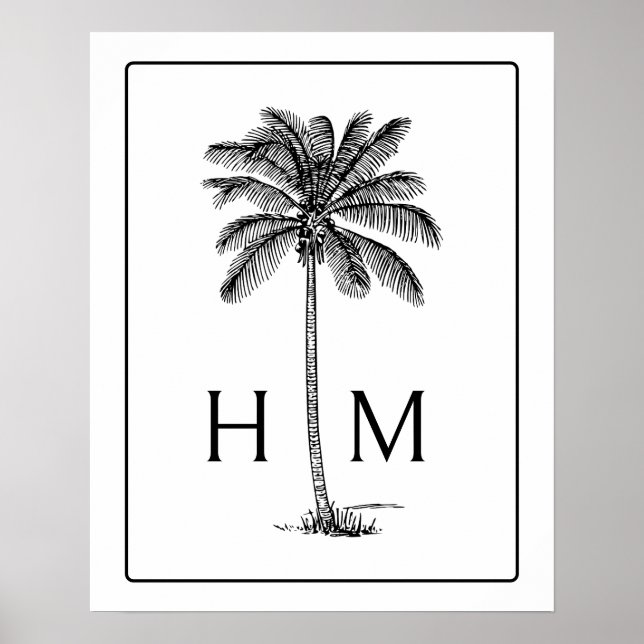 Poster Black and White Palm Palmetto Tree Monogram (Devant)