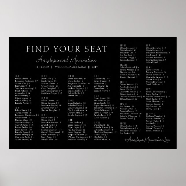 Poster Black and White Wedding Alphabetical Seating Chart (Devant)
