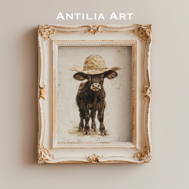 Poster Black Bull avec Casquette Whimsical Farm Animal Va (Créateur téléchargé)