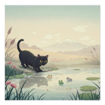 Black Cat and Frogs
