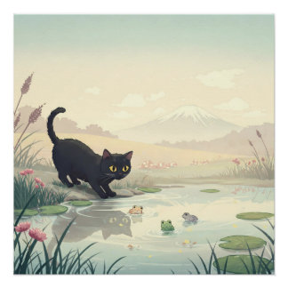 Poster Black Cat and Frogs