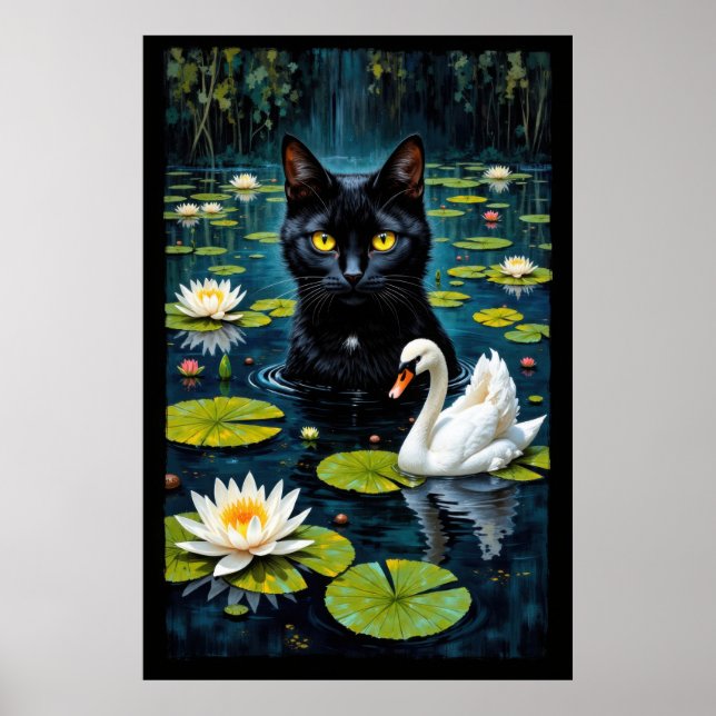 Poster Black cat and swan in a pond filled with water (Devant)