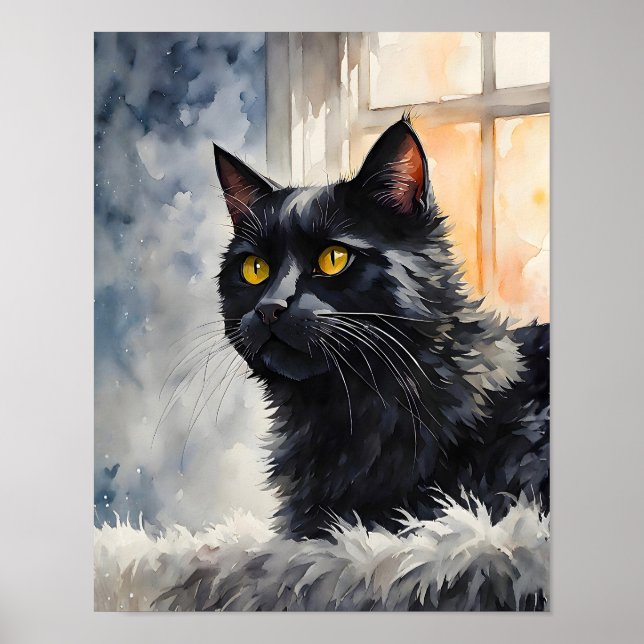 Poster Black Cat by Window Art Print Cozy Feline Wall Art (Devant)