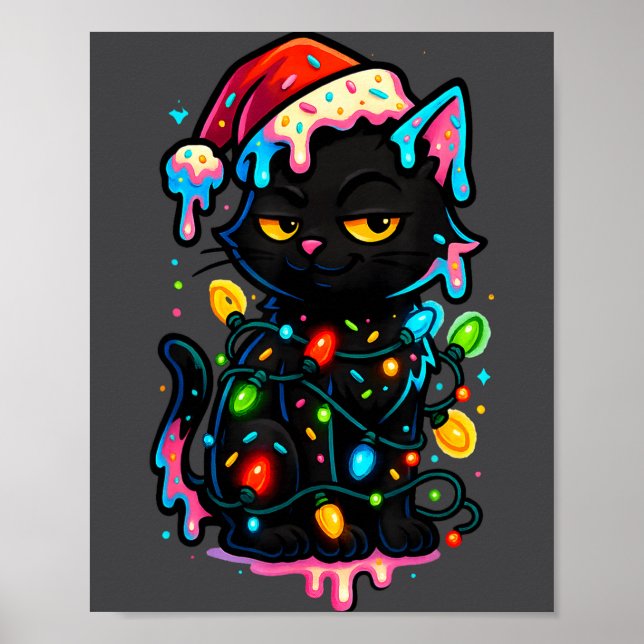 Poster Black Cat Christmas Ice Cream Drip Santa Hat Cute  (Devant)
