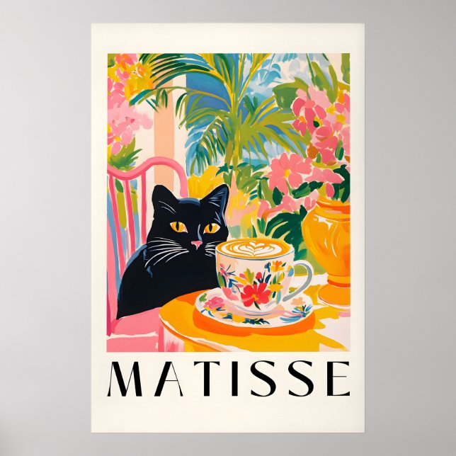 Poster Black Cat Drinking Coffee Funny Matisse Style (Devant)