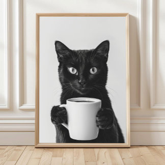 Poster Black Cat Drinking Coffee Wall Art, Black and Whit