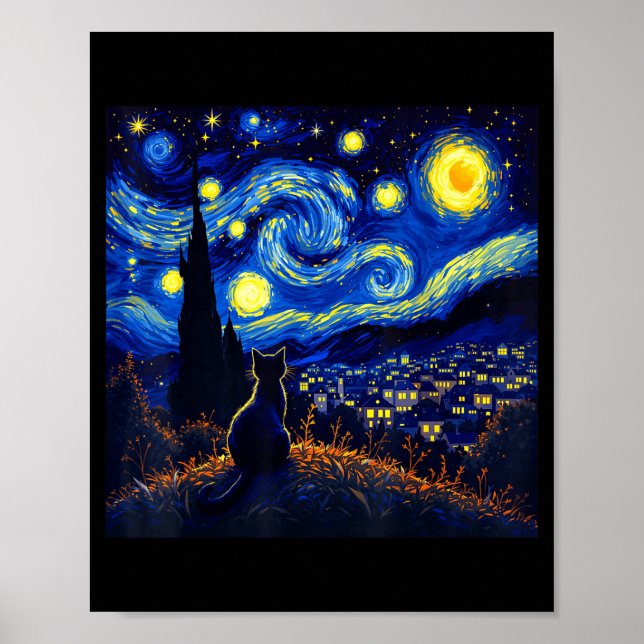 Poster Black Cat Funny Cat Lover Mom Daddy Starry Night V (Devant)