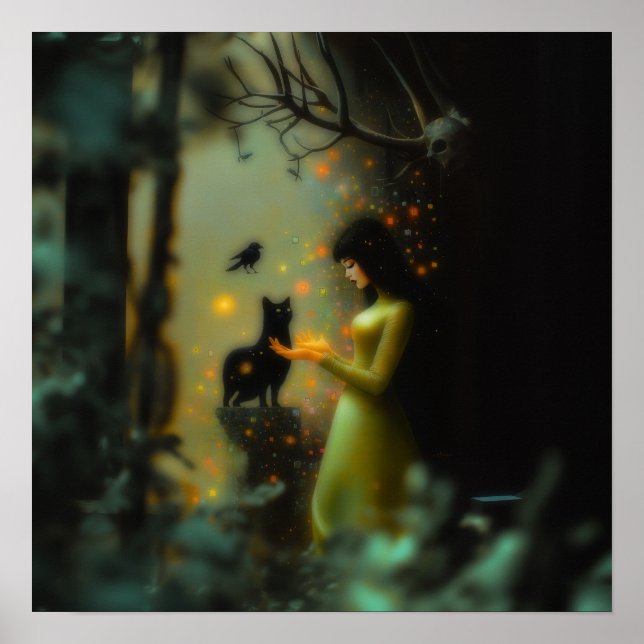 Poster Black Cat Green Forest Witchy AI Art Matte Value (Devant)