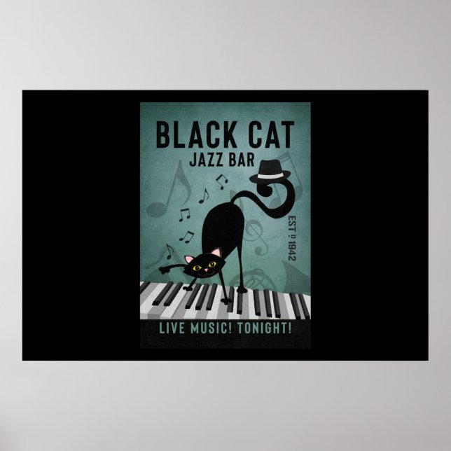 Poster Black Cat Jazz Bar Funny Black Cat Jouer Piano (Devant)