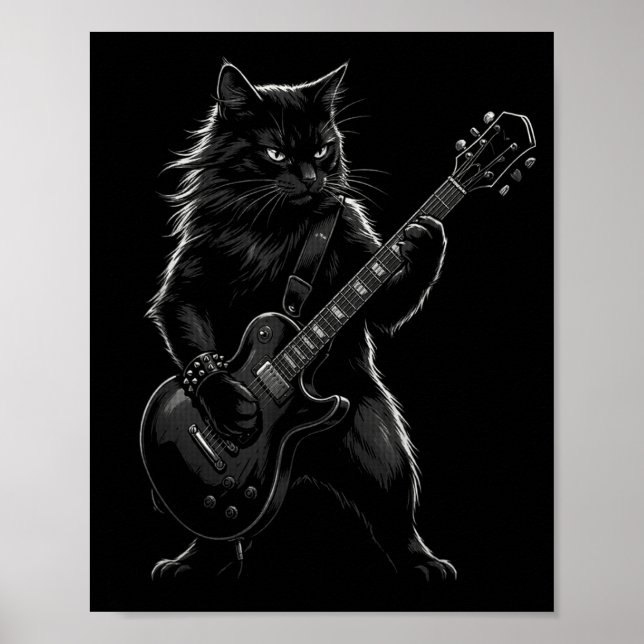Poster Black Cat Playing Electric Guitar Gothic Rocker  (Devant)