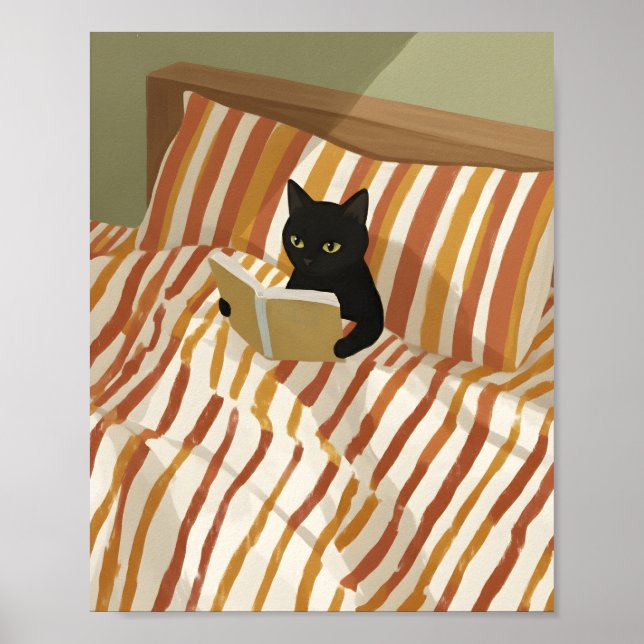 Poster Black Cat Reading in Bed | Peaceful Bedroom | Cat  (Devant)