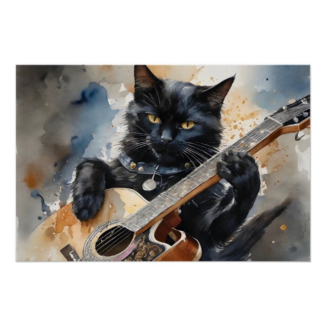 Poster Black Cat Rock Star Jouer Guitare Acoustique (Devant)