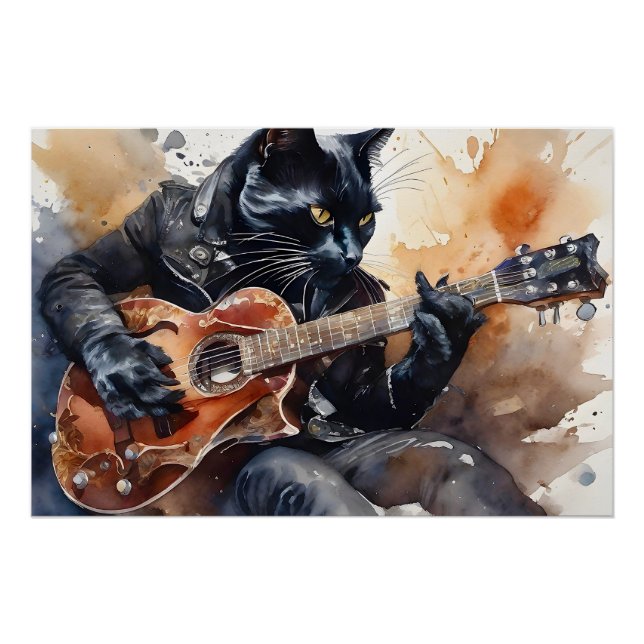 Poster Black Cat Rock Star Jouer Guitare Veste en cuir (Devant)
