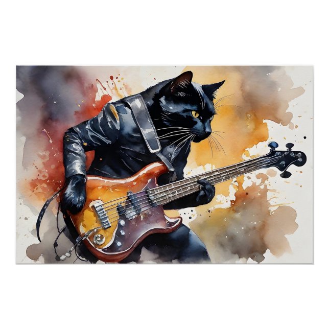 Poster Black Cat Rock Star Veste en cuir Jouer Guitare (Devant)