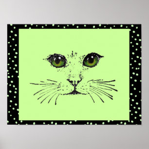 Poster Black Drawing Cat Face Intense Eyes Polka Dots