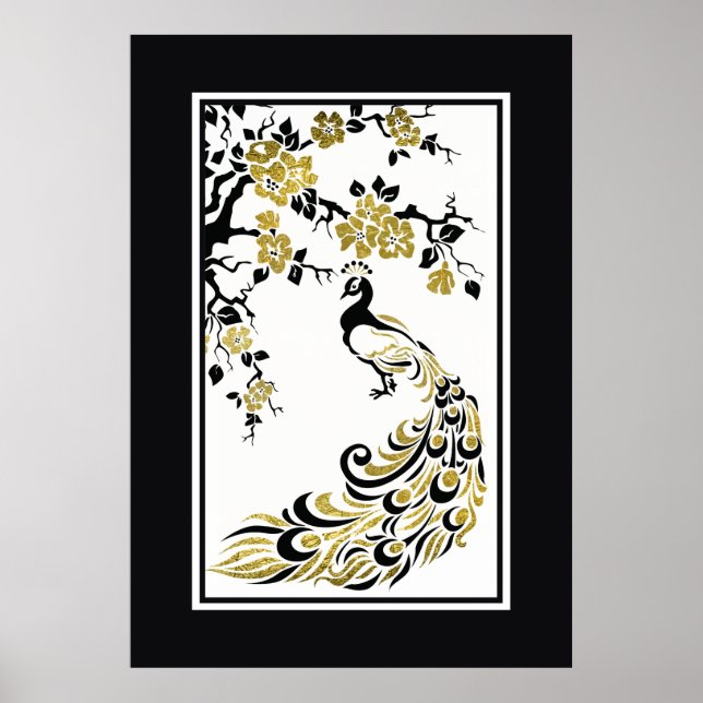 Poster Black, fausse feuille d'or paon et fleurs de ceris (Devant)