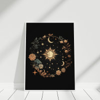 Black Floral Celestial Boho Mur Art