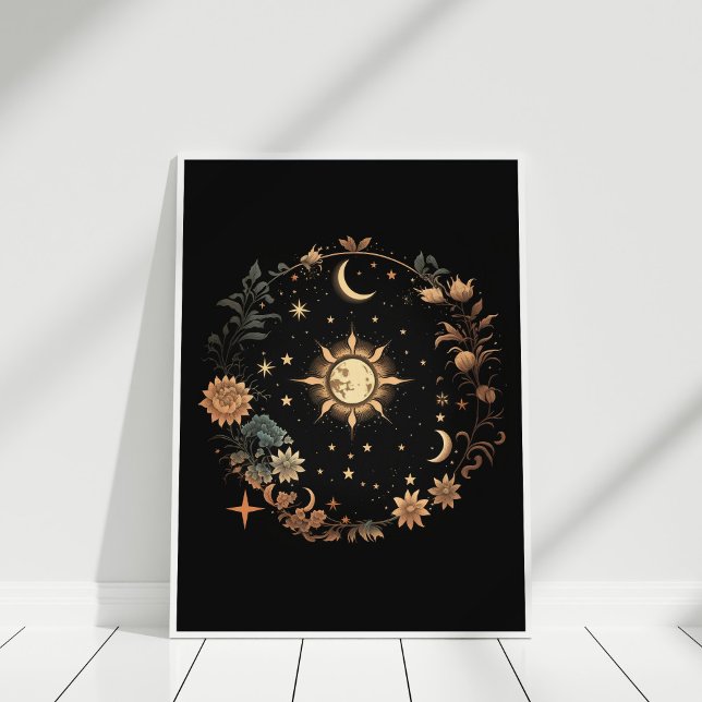 Poster Black Floral Celestial Boho Mur Art (Black Floral Celestial Boho Wall Art in a white frame against white wall.)