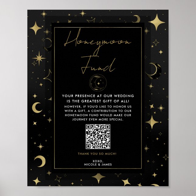Poster Black & Gold Celestin Moon Stars Honeymoon Fund (Devant)
