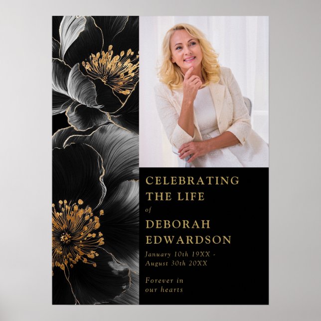 Poster Black Gold Funeral Celebration Of Life Photo Sign (Devant)