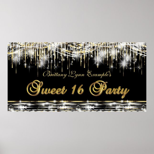 Poster Black Gold Sweet 16 Anniversaire de fête (Devant)