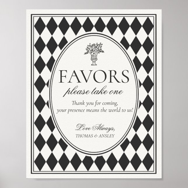 Poster Black Harlequin Checkered Wedding Favors Sign (Devant)