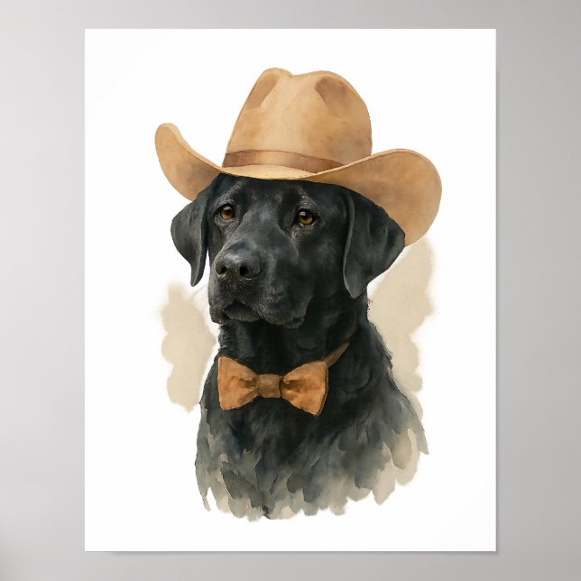 Poster Black Lab Cowboy Casquette aquarelle mur d'art (Devant)