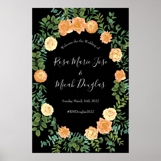 Poster Black & Peach Mariage Floral moderne (Devant)
