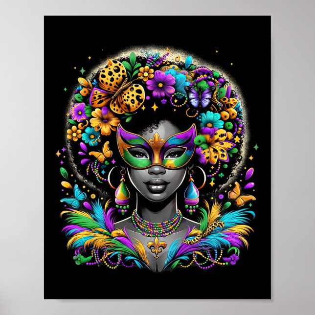 Poster Black Queen Afro perles africaines Masque Mardi Gr (Devant)