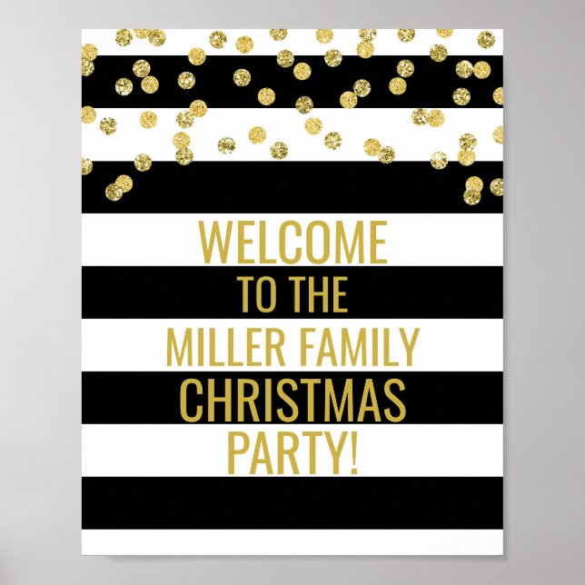 Poster Black Stripe Gold Confetti Bienvenue fête de Noël (Devant)