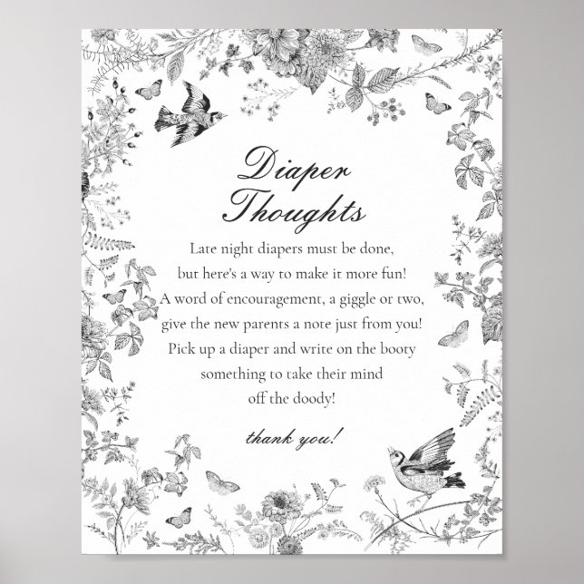 Poster Black Toile De Jouy Diaper Thoughts Baby Shower (Devant)