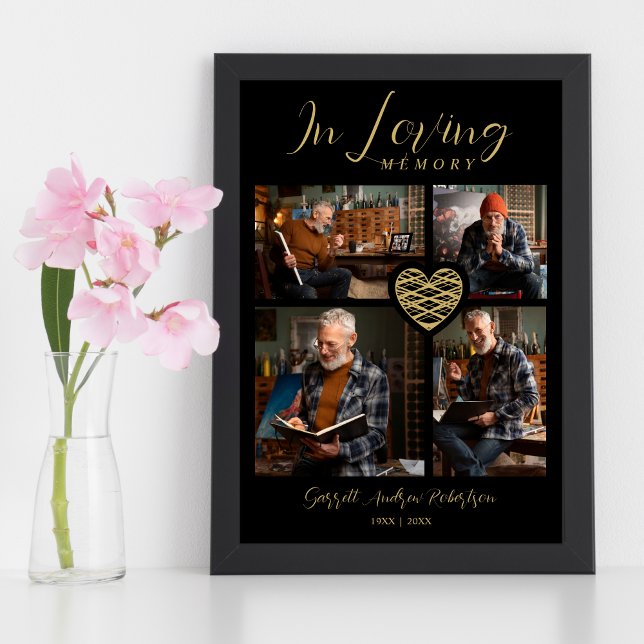 Poster Black Trendy Collage 4 Photos Modern Heart (Black Trendy Collage 4 Photos Modern Heart Poster for Funeral or Celebration of Life.)