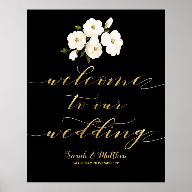 Poster Black White Floral Gold Bienvenue À Notre Mariage (Devant)