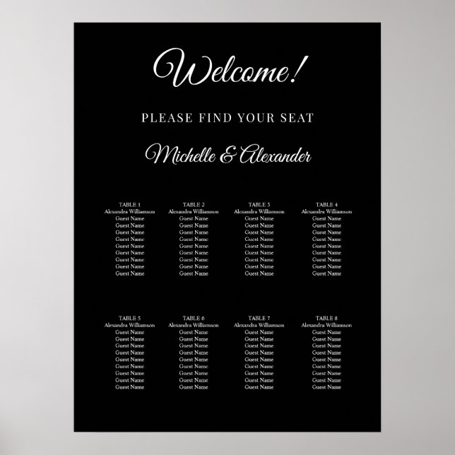 Poster Black white modern script wedding seating chart (Devant)