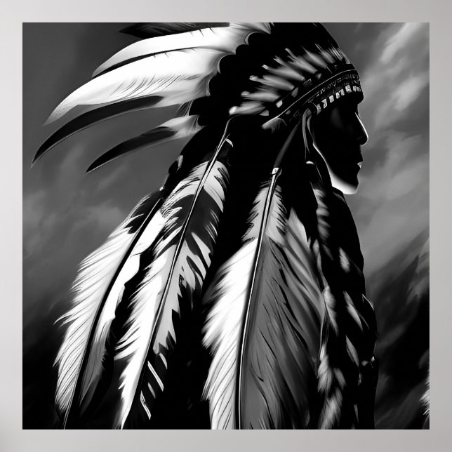 Poster Black White Native American Indian Man profil (Devant)