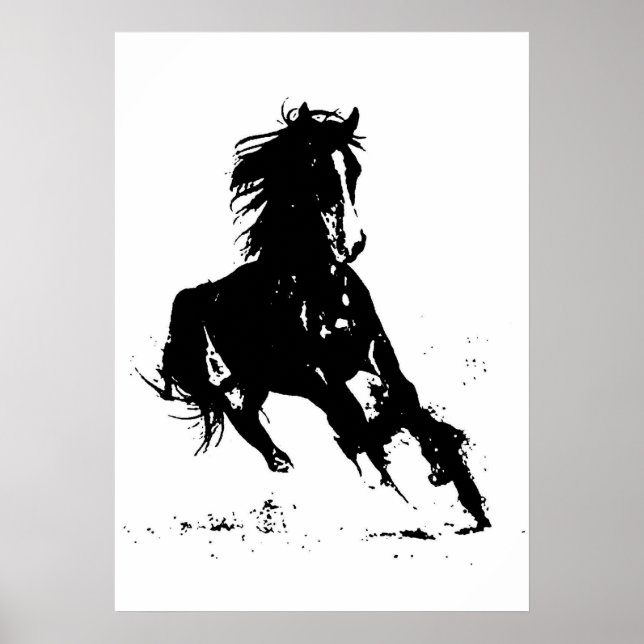Poster Black White Pop Art Runse Horse Silhouette (Devant)