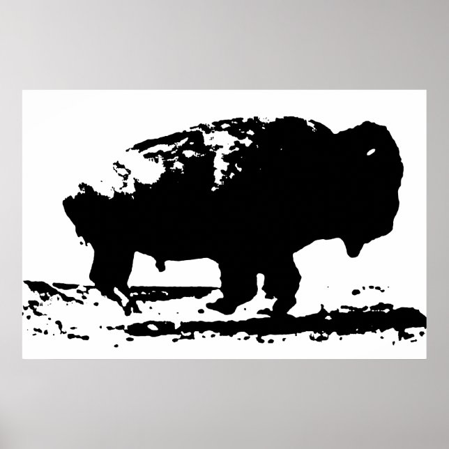 Poster Black & White Running Buffalo Silhouette Pop Art (Devant)
