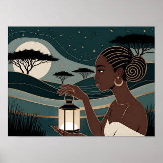 Poster Black Woman Holding a Lantern at Night