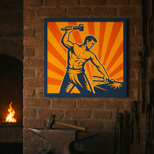 Poster Blacksmith Hammering Retro Strongman Labor