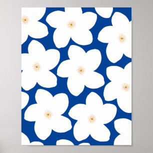 Poster Blanc Floral Rétro Sur Fleurs Bleues