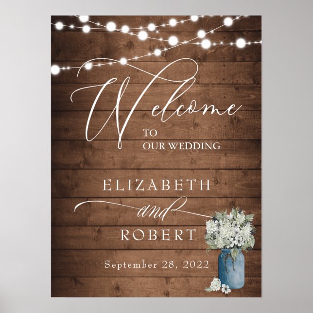 Poster Blanc Floral Rustique Élégant Lumières Mariage en  (Devant)