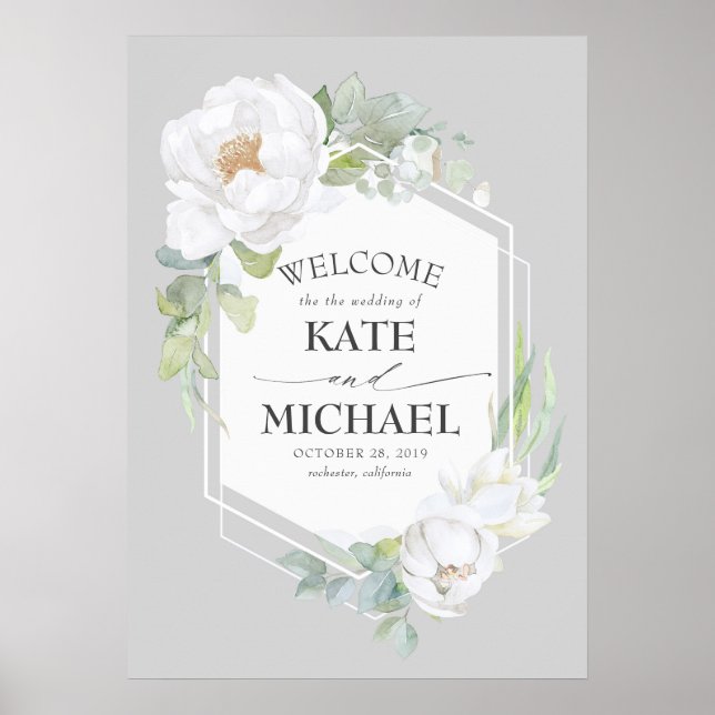 Poster Blanc Floral verdure Mariage géométrique Bienvenue (Devant)