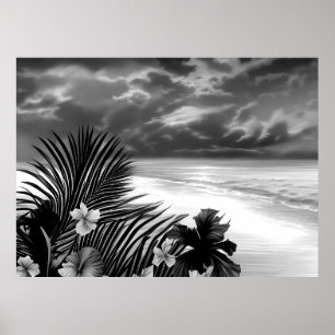 Poster Blanc noir Plage Océan Palm Hibiscus fleurs